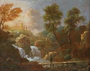 Willem van Bemmel Landschap figuur op een brug bij een waterval oil